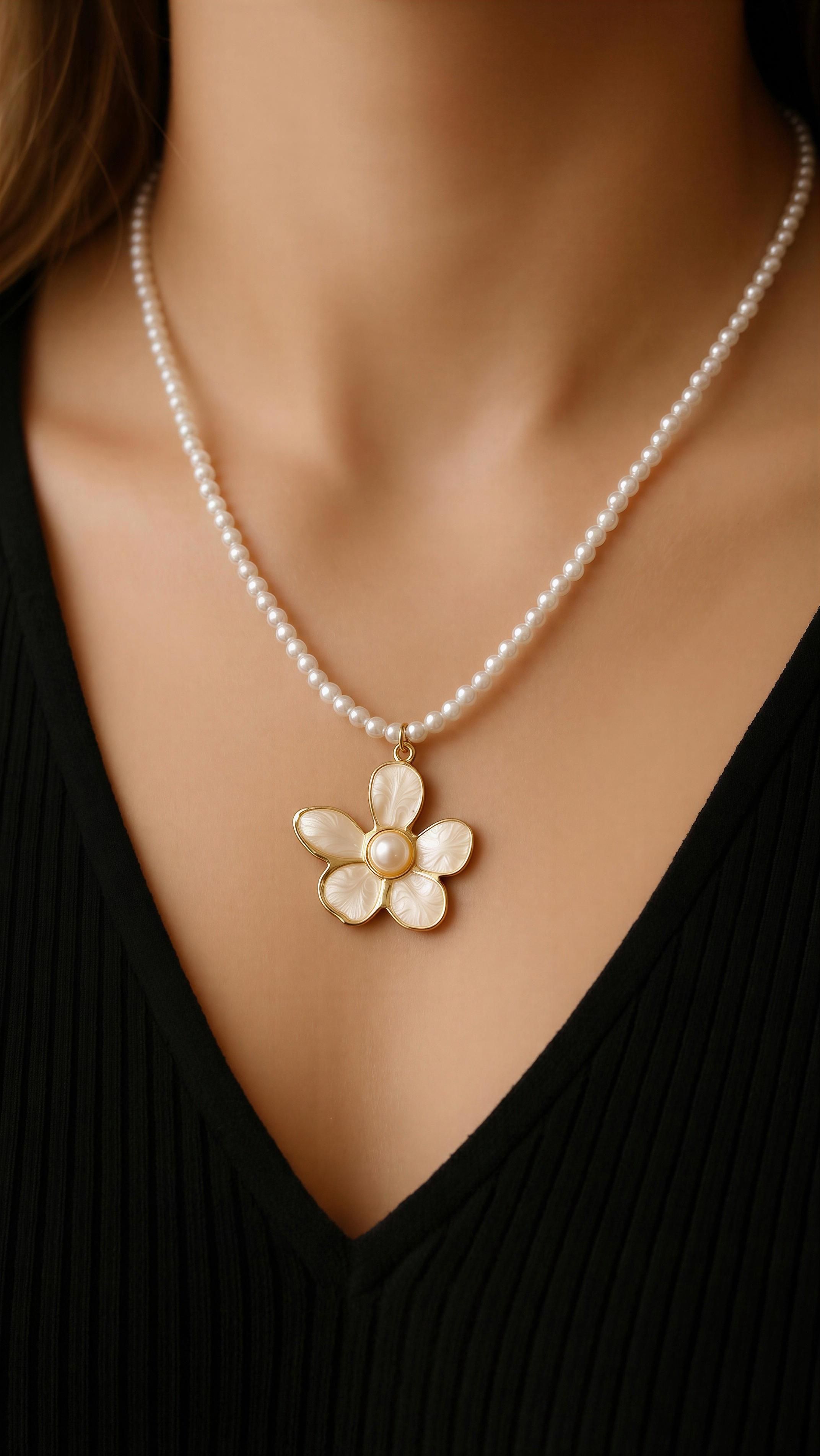Collar perla con flor esmalte